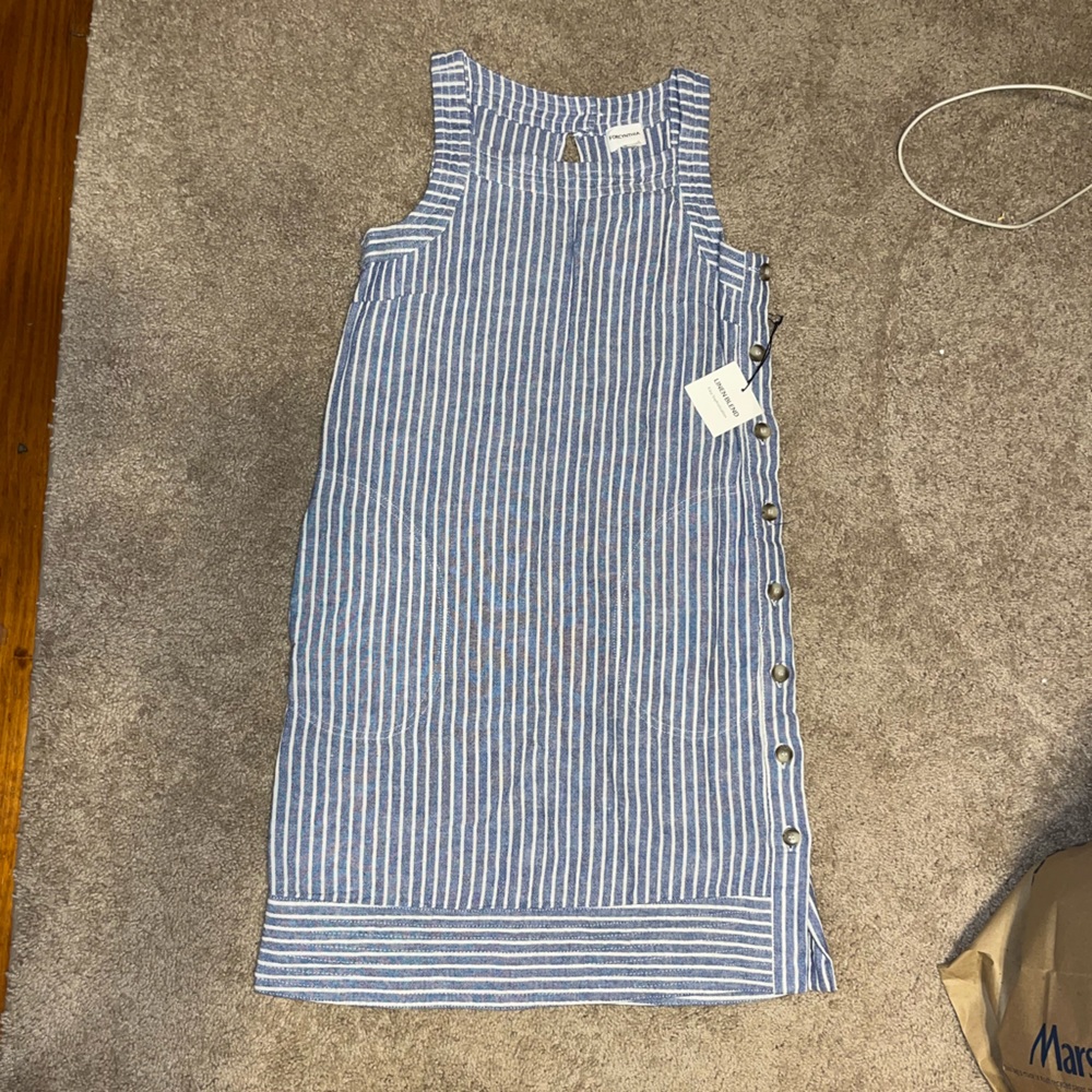 Forcynthia Linen Blend Blue & White striped button dress Size XS NWT w/ pockets